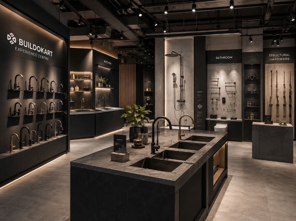 Bathroom showroom display with premium shower fixtures